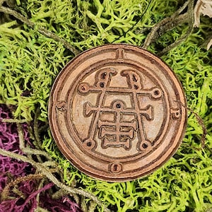 May include: A round, bronze-colored pendant with an intricate, engraved design. The pendant features a central symbol surrounded by concentric circles and other symbols. The pendant is set against a backdrop of green and purple moss.