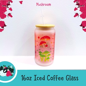 Mushroom Cup - Iced Coffee Glass, Glass Can with Bamboo Lid and straw - 16oz Cup