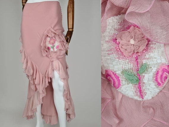 John Galliano vintage silk maxi long ruffle beaded