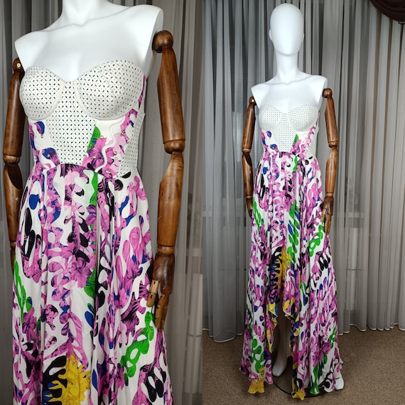 Gianni Versace Resort Henri Matisse Bustier Laser cut Leather Silk Long Evening Maxi Dress Gown Floral Multicolor Etsy