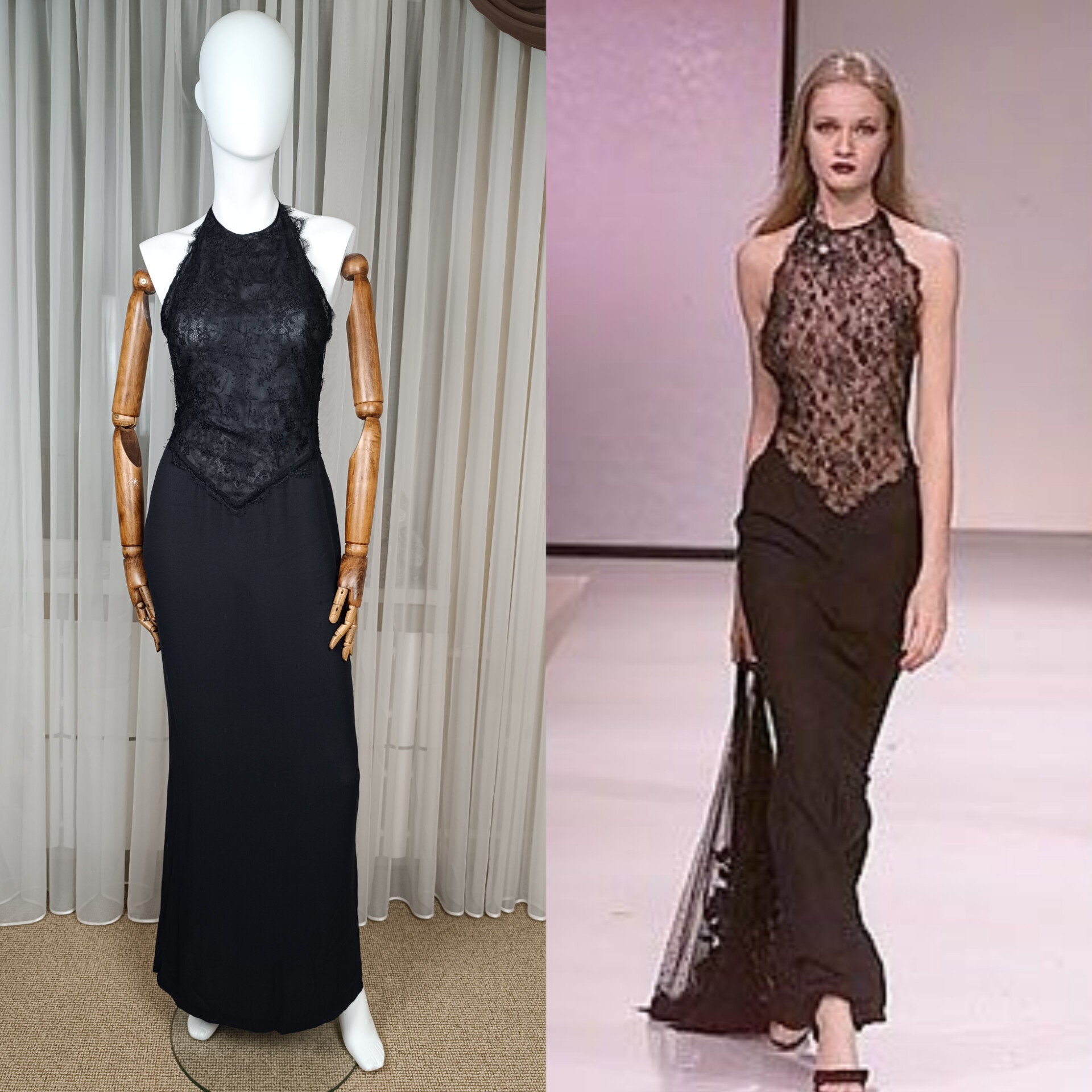 Gianni Versace F/W 2000 Runway Plunging Lace Silk Backless Evening Dress  Gown