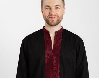 Black colour linen vyshyvanka for men. Traditional embroidery. Ethnic embroidered men's shirt. Ukrainian national clothing. Vyshyvanka.