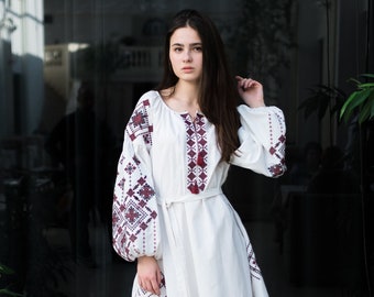 Embroidered Mid-calf Boho White Dress for women. Ukrainian Vyshyvanka. White embroidery Boho style. Bohemian Dress. Dress with Embroidery.