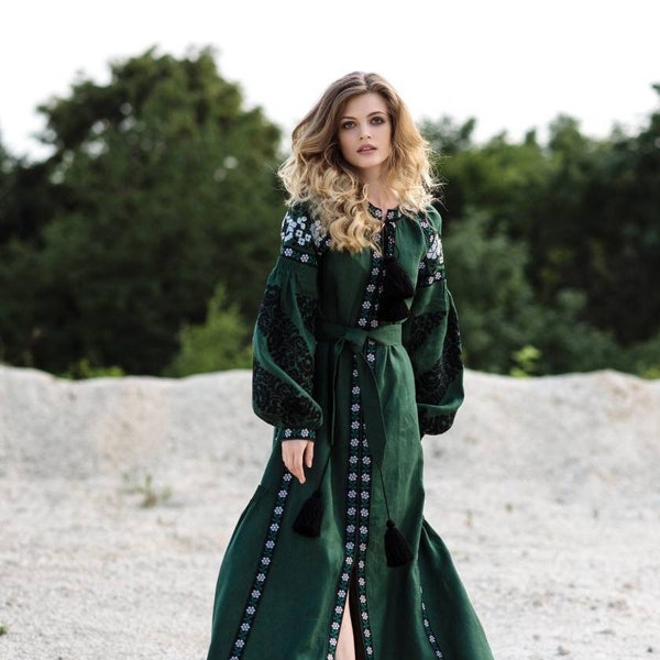 Embroidered Emerald Dress for Women. Vyshyvanka. Embroidered Boho Dress. Long Dress. Bohemian Dress. Dress with Floral Embroidery.