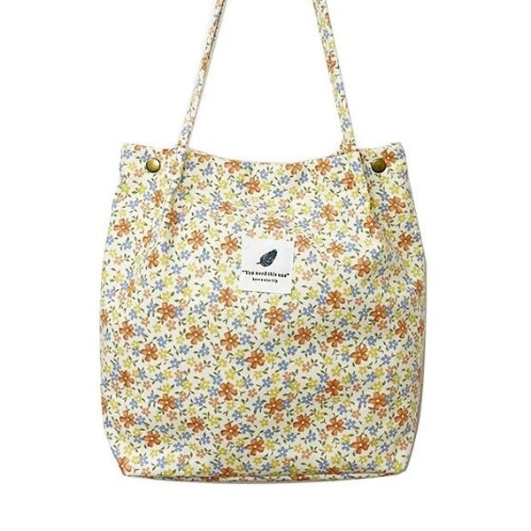 EMBROIDERED New FLORAL Pattern CORDUROY Tote Bag with Magnetic Closure Lining | Floral tote bag | Cute Tote Bag | Gift For Her | Best Gift