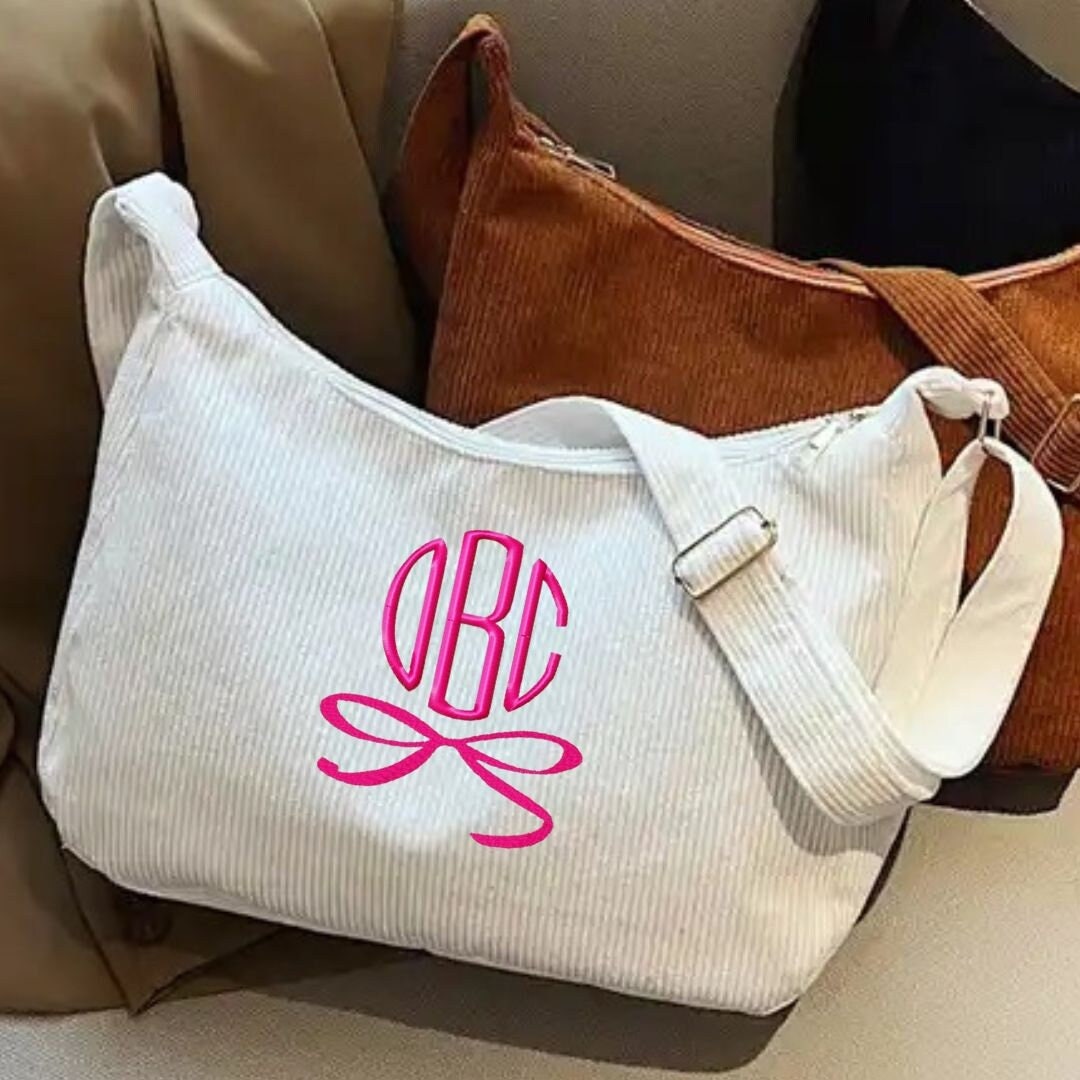 Personalized Corduroy Bag With Initials and Bow Embroidery A Personalized Corduroy Bag With Initials and Bow Embroidery A