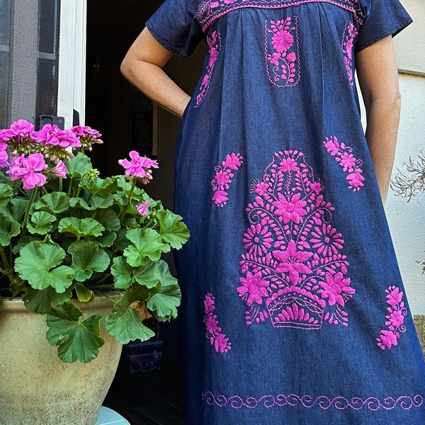 Embroidery denim maxi dress,  hand embroidered Mexican dress, Puebla dress, Floral embroidered denim dress, Mexican maxi dress, boho maxi