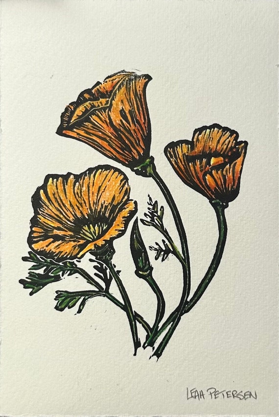 California Poppy original linocut, hand printed and colored