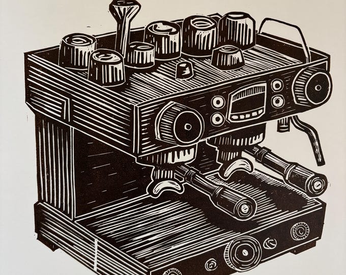 Featured listing image: Original Linocut Print – Espresso Machine Coffee Art – Hand Pulled Black & White Print – Barista Kitchen Wall Decor