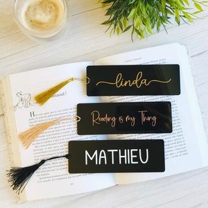 Personalized acrylic bookmark with tassel, Custom black bookmark, Teacher gift, book lover gift, Bookmark with tassel, reading lover gift