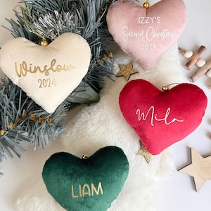 Coração de veludo personalizado, enfeite de natal personalizado, decoração de árvore de veludo, enfeite de natal de coração, meu primeiro natal 2024