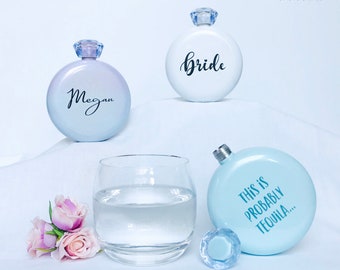 Personalized jewel flask, flask for bridesmaid, bridal party gift, custom flask, wedding gift, bride flask, flask with gem lid, Bridal party