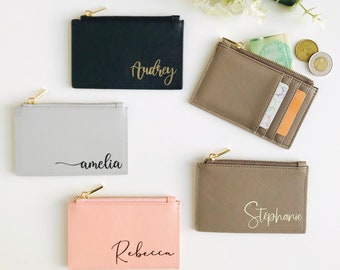 Personalized card holder with zip, Vegan leather card holder, monogram card holder, Bridesmaid gift, custom coin purse, personalized wallet,