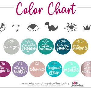 May include: A color chart with various color swatches labeled with French color names. The chart includes illustrations of a butterfly, stars, a fox, a dinosaur, a paint splatter, and a crown. The color swatches are in shades of gray, blue, turquoise, mustard, and pink.