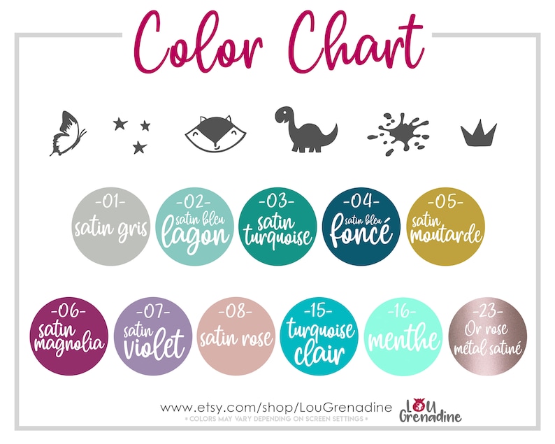 May include: A color chart with various color swatches labeled with French color names. The chart includes illustrations of a butterfly, stars, a fox, a dinosaur, a paint splatter, and a crown. The color swatches are in shades of gray, blue, turquoise, mustard, and pink.