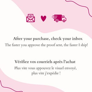 May include: Pink graphic with an envelope icon, a heart, and a delivery truck. Text reads: "After your purchase, check your inbox. The faster you approve the proof sent, the faster I ship!"