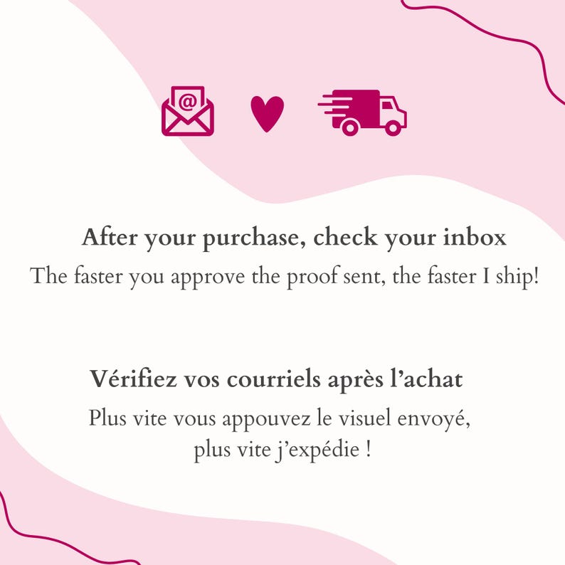 May include: Pink graphic with an envelope icon, a heart, and a delivery truck. Text reads: "After your purchase, check your inbox. The faster you approve the proof sent, the faster I ship!"