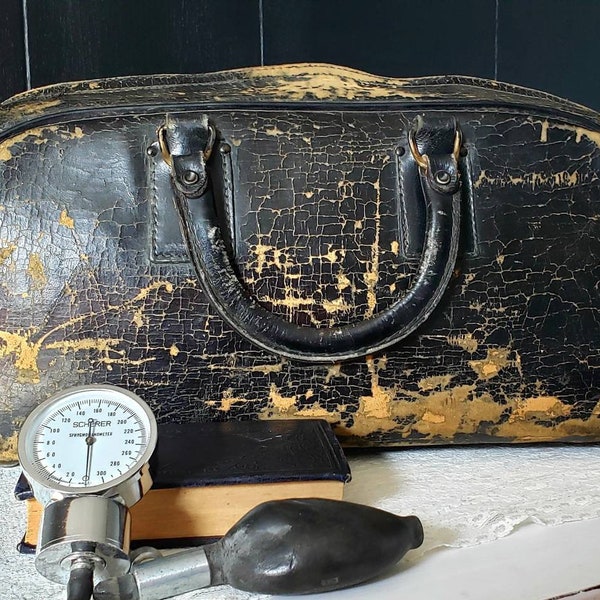 Leather Doctor's Bag - Vintage 1930s Medical Bag - House Call Bag - Vintage Leather Bag - With Additional Vintage Blood Pressure Cuff