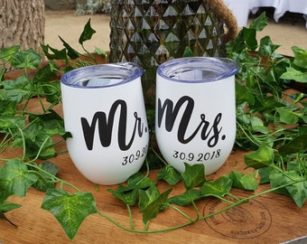 2 Wedding Gift Cups / Mr & Mrs / Just Married Gift / Bespoke Gift / Wine and coffee tumbler / Personalised Swig Cup 12oz / Bridal Gifts
