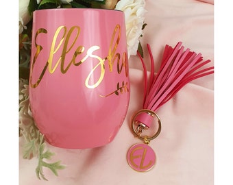 Pink Matching Christmas Gift Set/ Mother's Day Gift/ Pink Tumbler and Keychain Gift Set / Bespoke Gifts / Birthday / Personalised Keychain