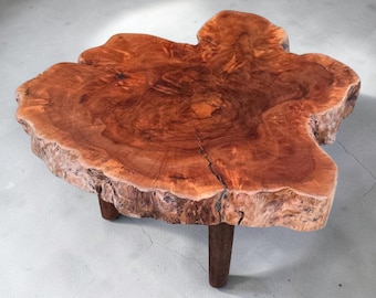 Organic Live Edge Coffee Table | Handmade Lychee Wood Accent Table | Solid Hardwood Tree Slice Furniture | Natural Modern Decor