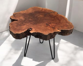 Luxury Handmade Burl Wood Coffee Table with Steel Base – Lychee Wood, Natural Edge, Unique Grain, Gold Detailing, Rustic Modern Home Accent