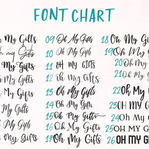 K&ouml;nnte beinhalten: Ein Diagramm mit 26 verschiedenen Schriftstilen des Ausdrucks "Oh My Gifts". Die Schriftstile reichen von l&auml;ssiger Schrift bis hin zu fetter und blockiger Schrift.