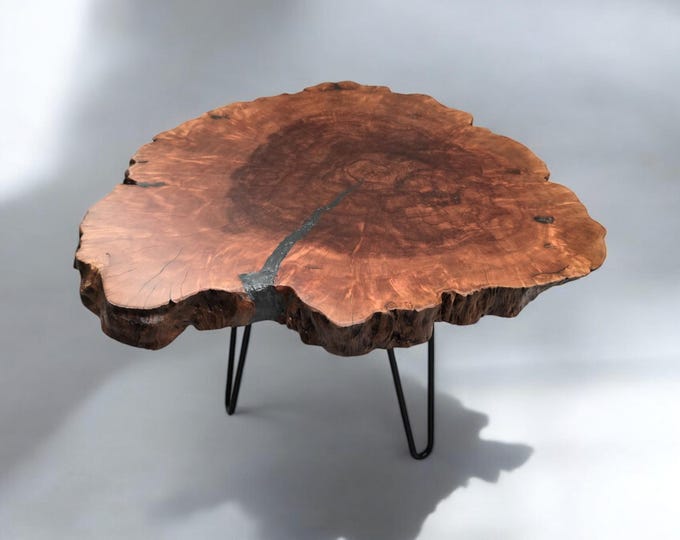 Featured listing image: Live Edge Lychee Burl Wood Coffee Table with Gold and Steel Accents – Handcrafted Timber, Unique Wood Grain, Rustic Finish, Luxury Modern