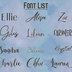 Puede incluir: Una lista de nombres escritos en diferentes fuentes, incluyendo Ellie, Alisa, Zoe, Giles, Lilian, FARMIR, Sandra, Belina, Krystal, Charlie, Chloe y Lauren.