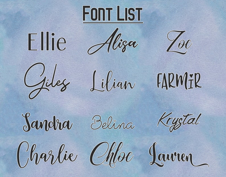 Puede incluir: Una lista de nombres escritos en diferentes fuentes, incluyendo Ellie, Alisa, Zoe, Giles, Lilian, FARMIR, Sandra, Belina, Krystal, Charlie, Chloe y Lauren.