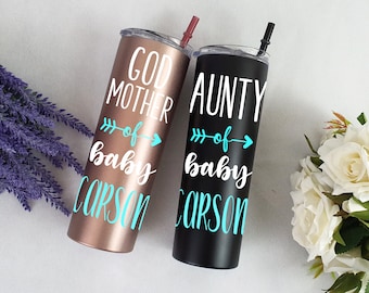 Gifts for Godmother / Personalised bespoke gift to new parents / 20oz tumbler with straw / insulated double wall cup / New Baby Gifts