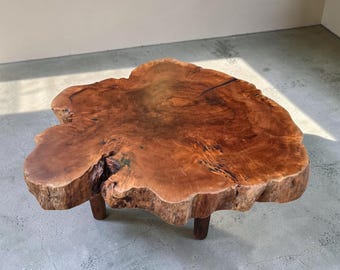 Statement Coffee Table | Round Wood Slab Table | Exotic Lychee Hardwood | Live Edge Designer Furniture