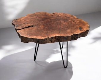 Handcrafted Natural Burl Coffee Table with Polished Steel Legs – Lychee Wood, Unique Grain, Live Edge Design, Modern Rustic Accent