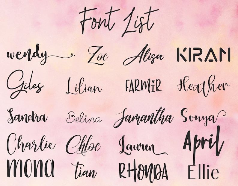K&ouml;nnte beinhalten: Eine Liste von Namen, die in verschiedenen Schriftarten geschrieben sind. Die Namen umfassen Wendy, Zoe, Aliza, Kiran, Giles, Lilian, Farmir, Heather, Sandra, Belina, Samantha, Sonya, Charlie, Chloe, Lauren, April, Mona, Tian, Rhonda und Ellie.