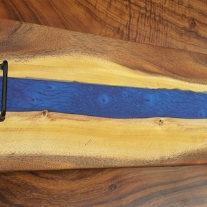 Live Edge Monkeypod Wood Charcuterie Serving Board / Blue Epoxy Resin River Board with Stainless Steel Black Handles / Serving Board