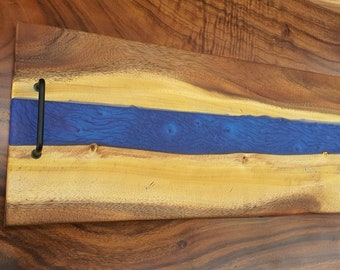 Live Edge Monkeypod Wood Charcuterie Serving Board / Blue Epoxy Resin River Board with Stainless Steel Black Handles / Serving Board