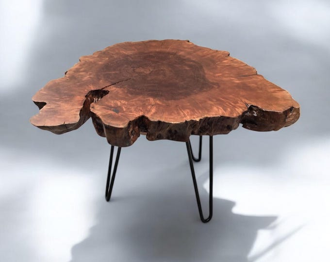 Featured listing image: Statement Lychee Burl Wood Table with Elegant Gold Plating – Handmade Coffee Table, Unique Timber, Natural Edge, Rustic Luxury, Modern