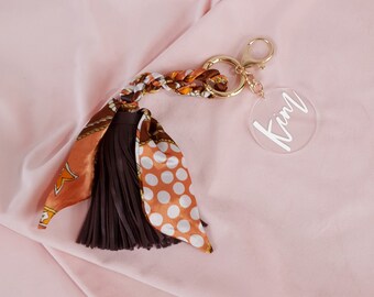 Bespoke Brown Fabric Custom Keychain/ Keychain with Name Tag/ Personalised Keychains/ Stylish Fabric Key Fobs/ Custom Name Keychain