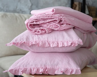 Linen sheet set, sheet set, bedding set, bed sheet set 4 pieces , flat sheet, fitted sheet, 2 pillowcases with ruffles