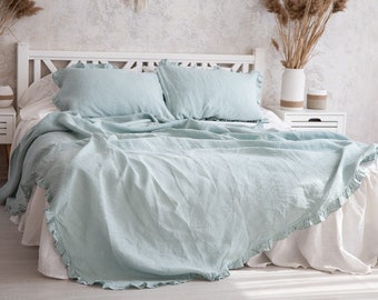 Mint linen set with ruffles, linen bed sheets, bed sheet, bedding sheet, linen sheet set of flat sheet, fitted sheet, 2 pillowcases