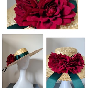 Elegant straw hat brimmed with national Green Ribbon and fabric flower red - All our items are UNIC parts