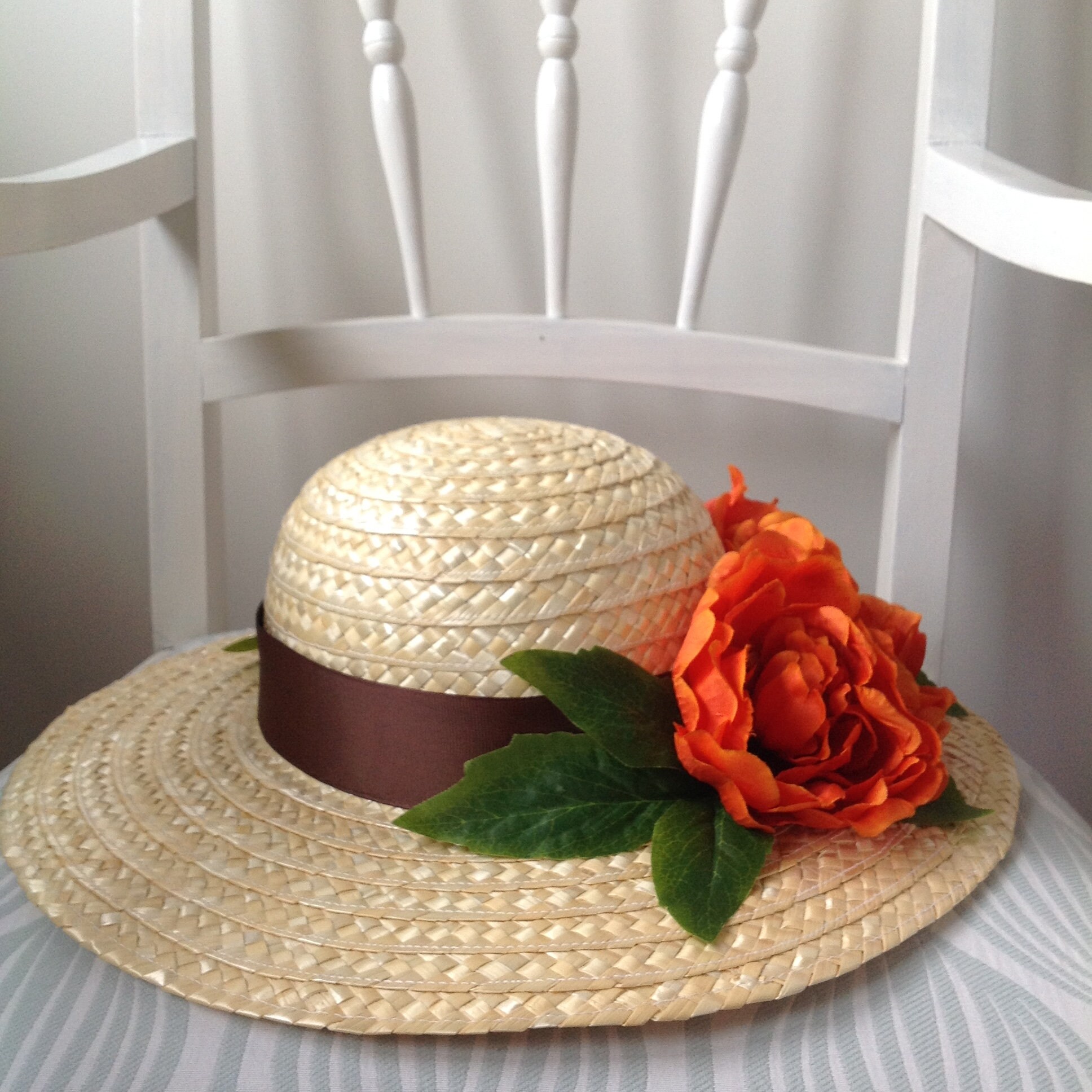 Hat Straw hat with beautiful Trim in orange/gold and rope as headband Hat / Orange Band / Natural | Stacy Bradley Design main image 4