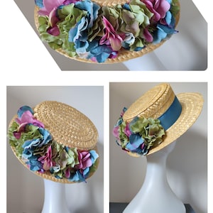 Cappello elegante con nastro azzurro e ortensie blu, rosa e verdi - Tutti i nostri articoli sono parti UNIC