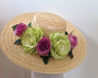 Beautifull straw hat with green and pink roses - All our items are UNIC parts