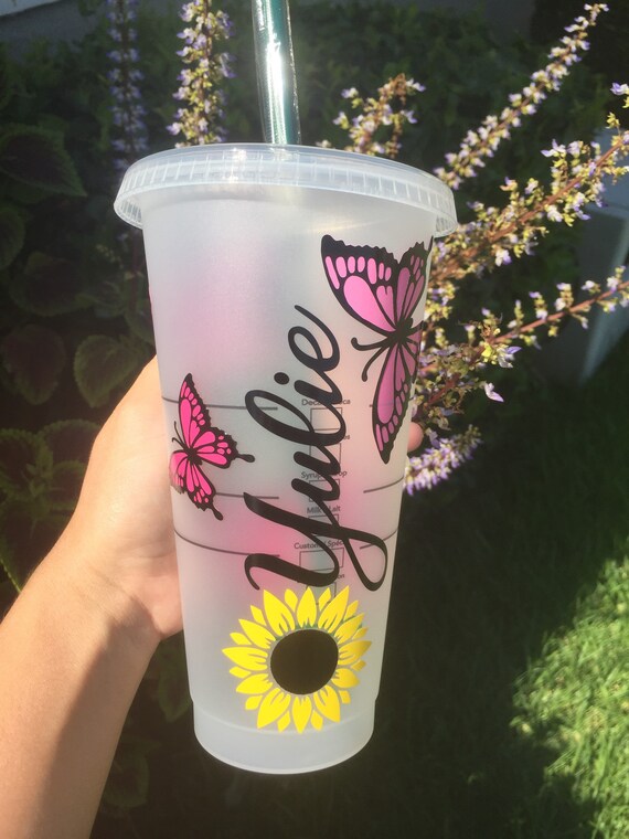 Personalized Sunflower & Butterfly Starbucks Cup | Customized Starbucks Cup  with name | Starbucks reusable flower cup | Custom Butterfly Cup