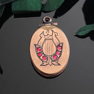 Antique Victorian Gold Filled Pink Paste Lyre Oval Fob Locket