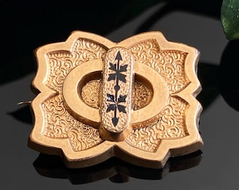 Victorian Gold Filled Taille d'Epargne Black Enamel Rectangular Brooch