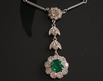 Antique Art Deco Emerald Paste Flower Drop Chain Necklace 17"