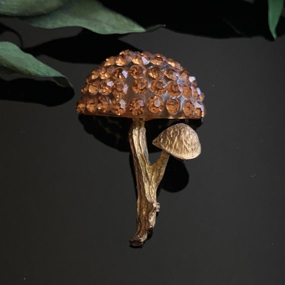 Vintage Celluloid Rhinestone Mushroom Brooch - image 1