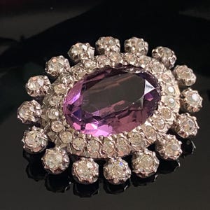 Antique Art Deco Silver Oval Amethyst Glass Paste Brooch